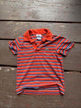 Lacoste Kids Red Orange Striped Polo with Blue & White Accents